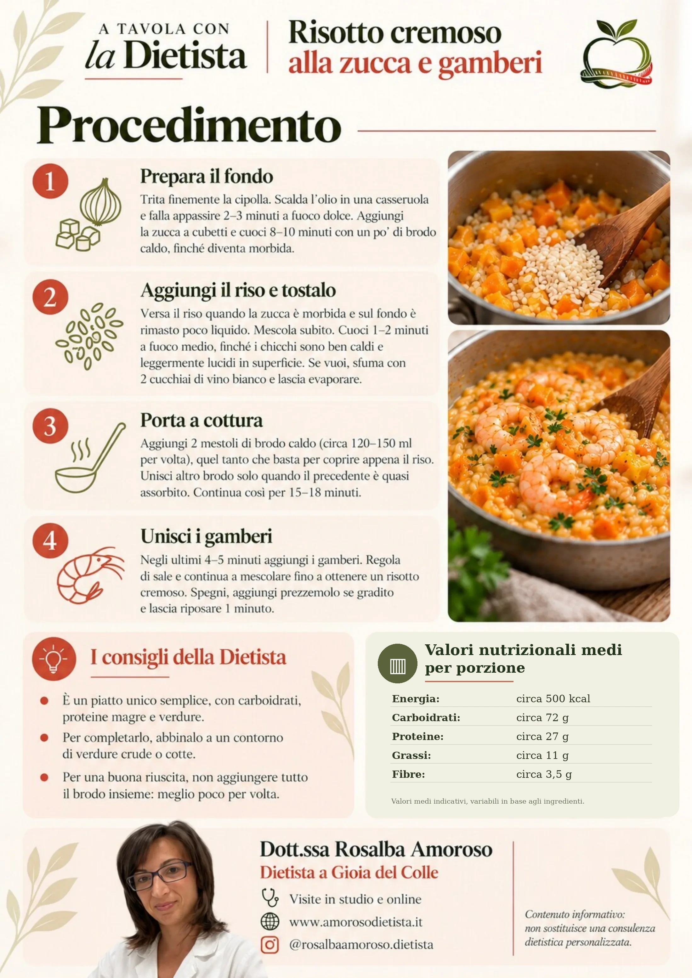 Procedimento illustrato del risotto alla zucca e gamberi, consigli e valori nutrizionali